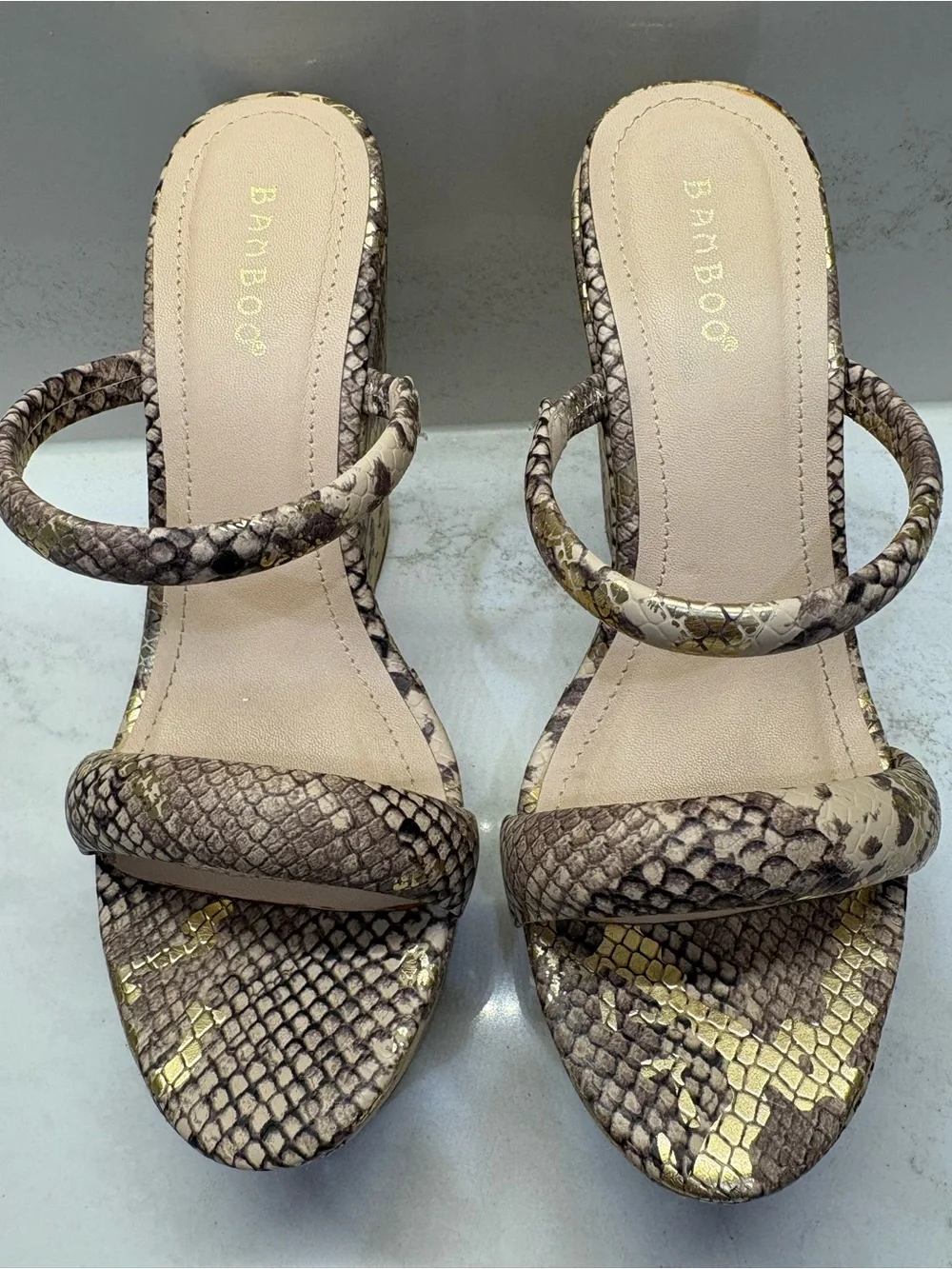 BAMBOO Taupe Snake-Print Platform Sandals with Gold Accents